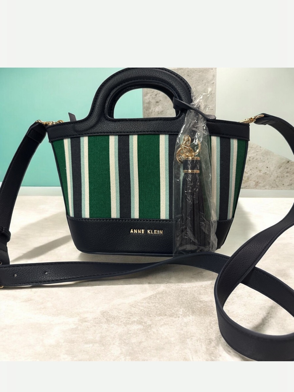 Anne Klein Striped Green and Navy Blue Mini Tote with Tassel Charm